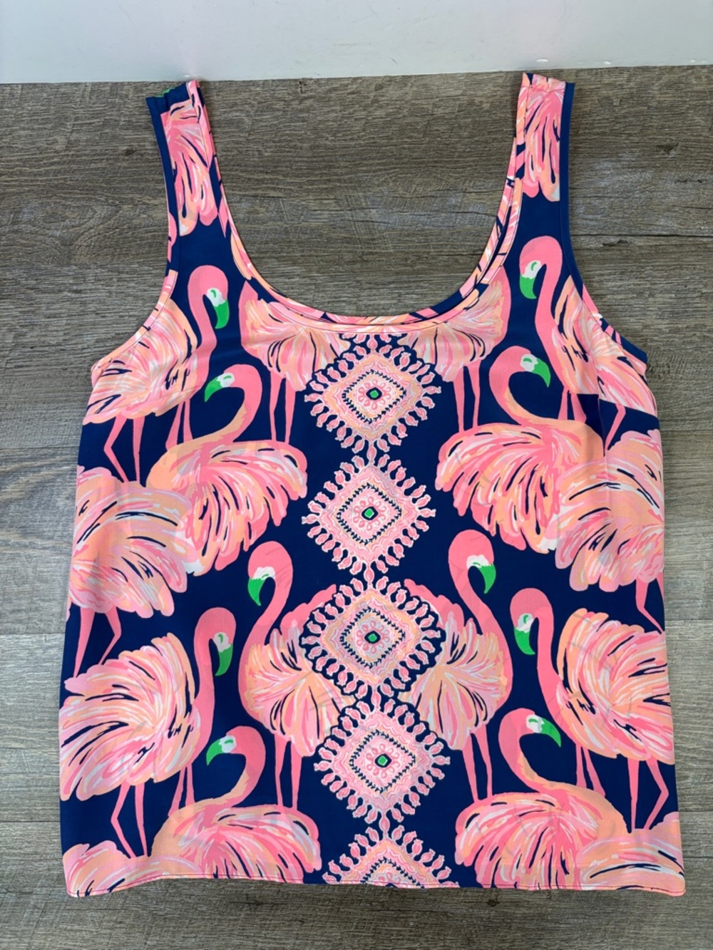 Lilly Pulitzer Silk Flamingo Tank Top Navy Pink Sleeveless Blouse Size Medium